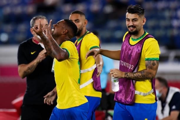 Malcom of Brazil celebrates his goal with teammates during the Men's Gold Medal Match between Brazil and Spain on day fifteen of the Tokyo 2020...
