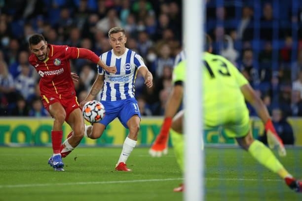 Leandra Trossard of Brighton & Hove Albion sees his shot blocked by Stefan Mitrovic of Getafe during the Pre-Season Friendly match between Brighton &...