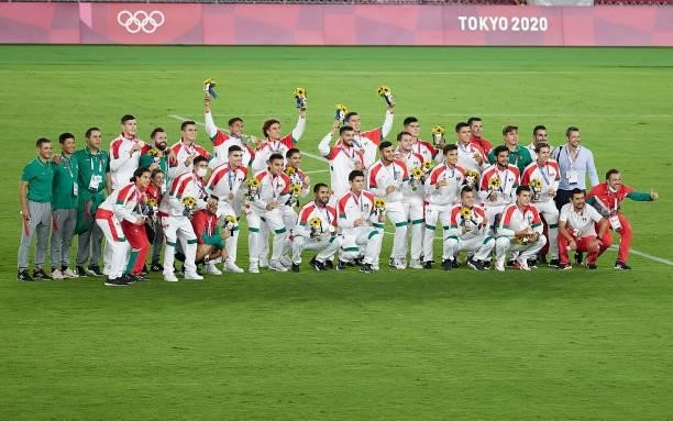 Team of Mexico celebrate after the award ceremony of the Men's Gold Medal Match between Brazil and Spain on day fifteen of the Tokyo 2020 Olympic...