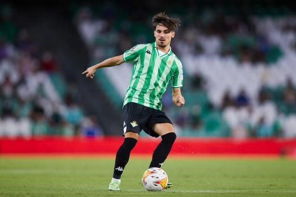 Rodri Sanchez of Real Betis in action during a friendly match between Real Betis and AS Roma at Estadio Benito Villamarin on August 07, 2021 in...