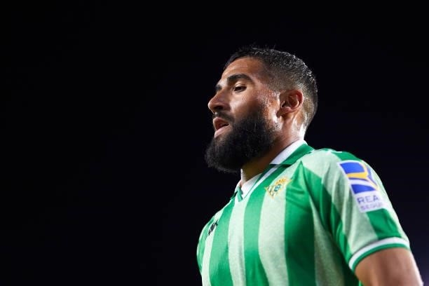 Nabil Fekir of Real Betis looks on during a friendly match between Real Betis and AS Roma at Estadio Benito Villamarin on August 07, 2021 in Seville,...
