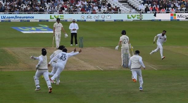 Mohammed Siraj of India celebrates after dismissing Rory Burns of England during the fourth day of the 1st LV= Test match between England and India...
