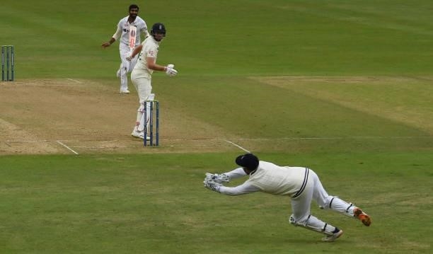 Dom Sibley of England watches as Rishabh Pant of India catches him during the fourth day of the 1st LV= Test match between England and India at Trent...