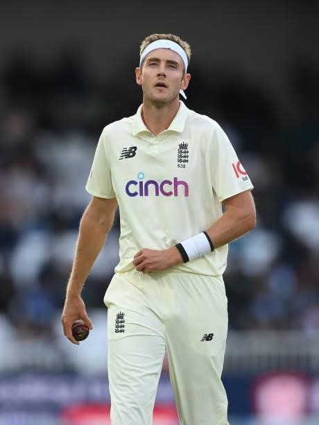 Stuart Broad of England looks on during the fourth day of the 1st LV= Test match between England and India at Trent Bridge on August 07, 2021 in...