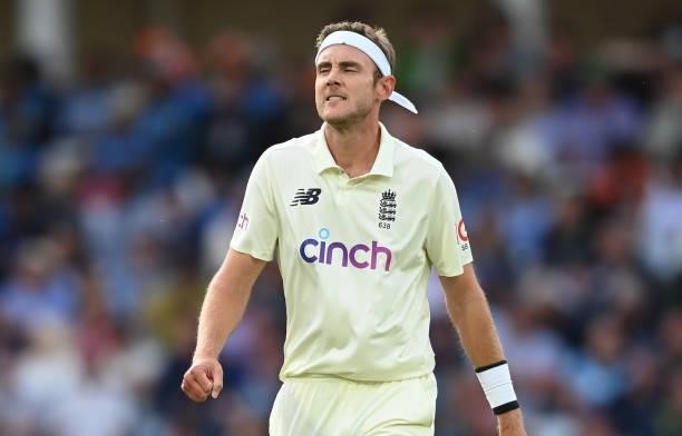 Stuart Broad of England reacts during the fourth day of the 1st LV= Test match between England and India at Trent Bridge on August 07, 2021 in...