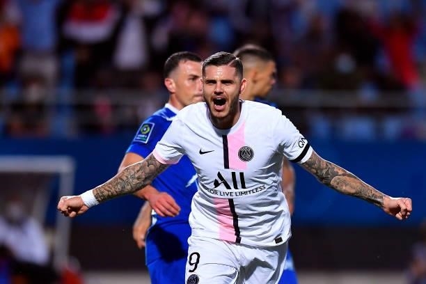 Mauro Icardi of Paris Saint-Germain reacts after scoring during the Ligue 1 football match between Troyes and Paris at Stade de l'Aube on August 07,...
