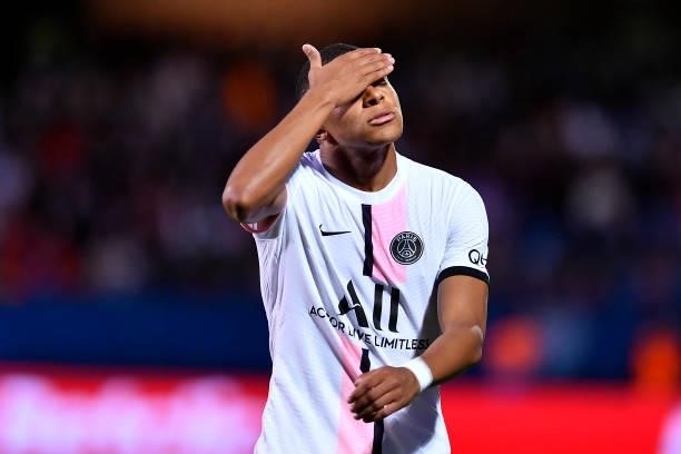 Kylian Mbappe of Paris Saint-Germain reacts during the Ligue 1 football match between Troyes and Paris at Stade de l'Aube on August 07, 2021 in...