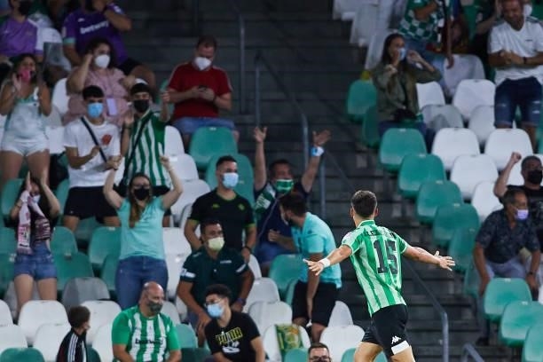 Alex Moreno of Real Betis celebrates scoring a goal during a friendly match between Real Betis and AS Roma at Estadio Benito Villamarin on August 07,...