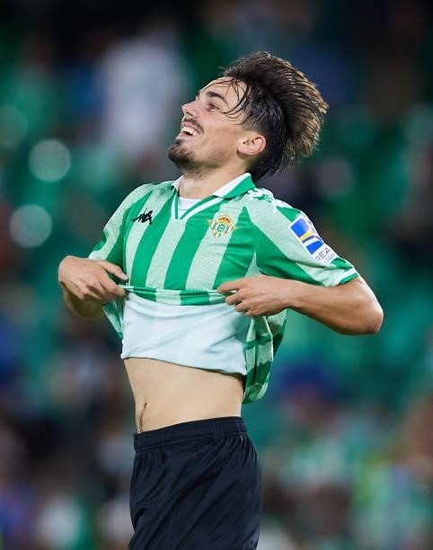 Rodri Sanchez of Real Betis looks on during a friendly match between Real Betis and AS Roma at Estadio Benito Villamarin on August 07, 2021 in...