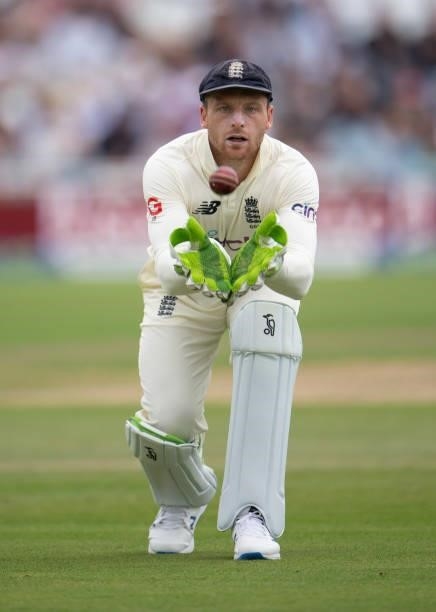 Wicket-keeper Jos Buttler of England during day two of the First Test Match between England and India at Trent Bridge on August 05, 2021 in...