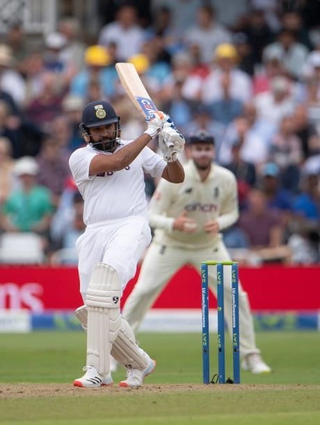Rohit Sharma of India batting during day two of the First Test Match between England and India at Trent Bridge on August 05, 2021 in Nottingham,...