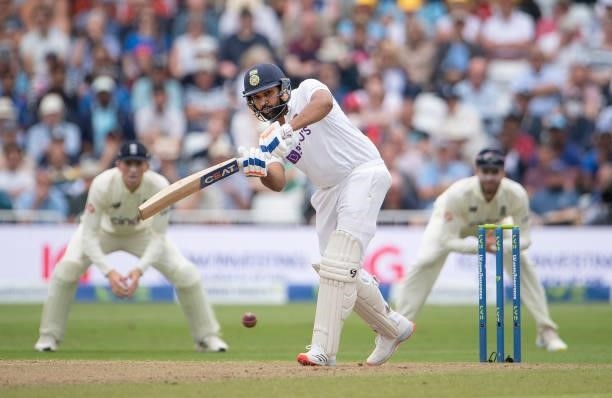 Rohit Sharma of India batting during day two of the First Test Match between England and India at Trent Bridge on August 05, 2021 in Nottingham,...