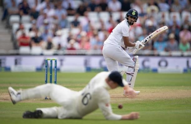 England's Zak Crawley fields the ball preventing KL Rahul of India from scoring during day two of the First Test Match between England and India at...