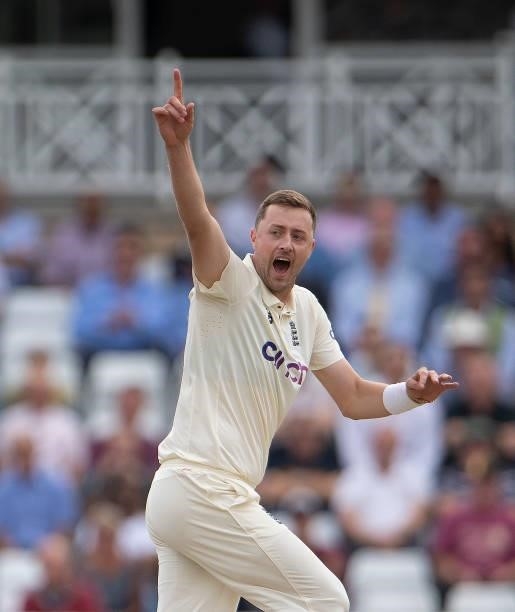 Ollie Robinson of England appeals unsuccessfully for the wicket of Rohit Sharma of India during day two of the First Test Match between England and...