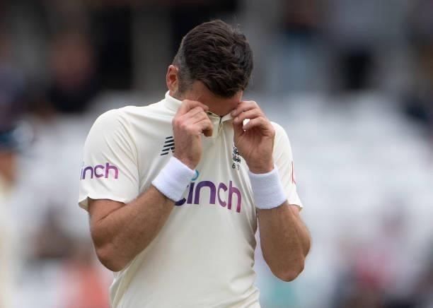James Anderson of England during day two of the First Test Match between England and India at Trent Bridge on August 05, 2021 in Nottingham, England.