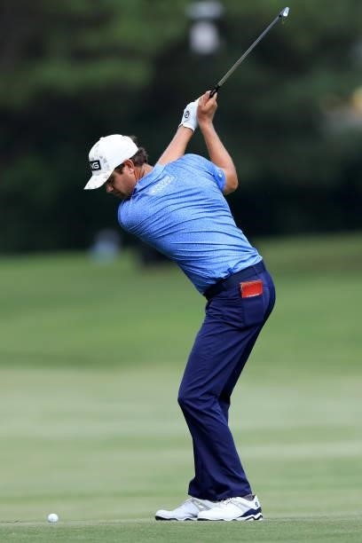 Harris English plays a shot on the 17th hole during the third round of the World Golf Championship-FedEx St Jude Invitational at TPC Southwind on...