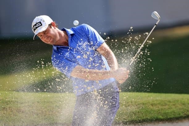 Harris English plays a shot on the 16th hole during the third round of the World Golf Championship-FedEx St Jude Invitational at TPC Southwind on...