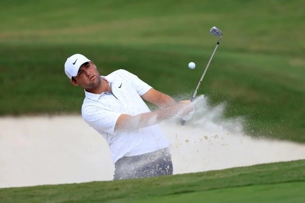 Scottie Scheffler plays a shot on the 16th hole during the third round of the World Golf Championship-FedEx St Jude Invitational at TPC Southwind on...