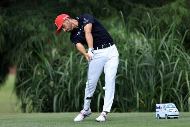 Abraham Ancer of Mexico plays a shot on the 12th hole during the third round of the World Golf Championship-FedEx St Jude Invitational at TPC...