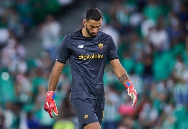 Rui Patricio of AS Roma looks on during a friendly match between Real Betis and AS Roma at Estadio Benito Villamarin on August 07, 2021 in Seville,...