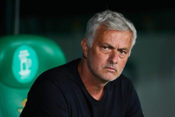 Jose Mourinho, manager of AS Roma looks on during a friendly match between Real Betis and AS Roma at Estadio Benito Villamarin on August 07, 2021 in...