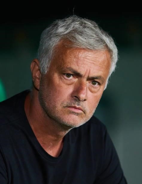 Jose Mourinho, manager of AS Roma looks on during a friendly match between Real Betis and AS Roma at Estadio Benito Villamarin on August 07, 2021 in...