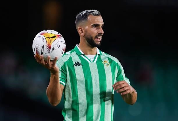 Martin Montoya of Real Betis looks on during a friendly match between Real Betis and AS Roma at Estadio Benito Villamarin on August 07, 2021 in...