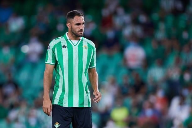 Victor Ruiz of Real Betis looks on during a friendly match between Real Betis and AS Roma at Estadio Benito Villamarin on August 07, 2021 in Seville,...