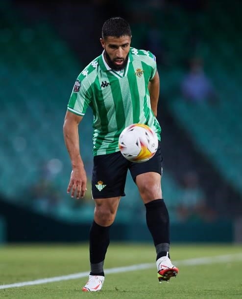 Nabil Fekir of Real Betis in action during a friendly match between Real Betis and AS Roma at Estadio Benito Villamarin on August 07, 2021 in...