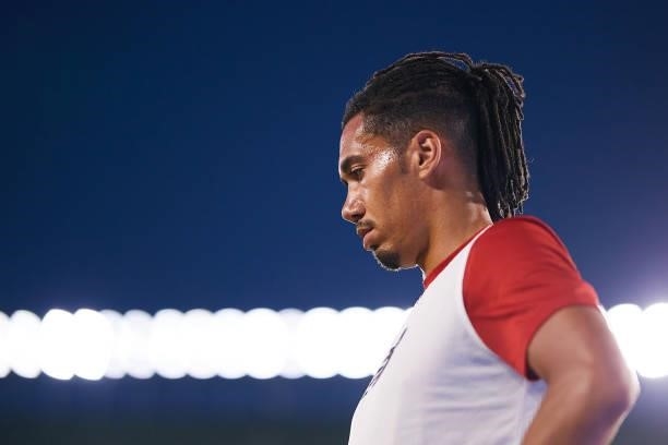 Chris Smalling of AS Roma looks on prior to a friendly match between Real Betis and AS Roma at Estadio Benito Villamarin on August 07, 2021 in...