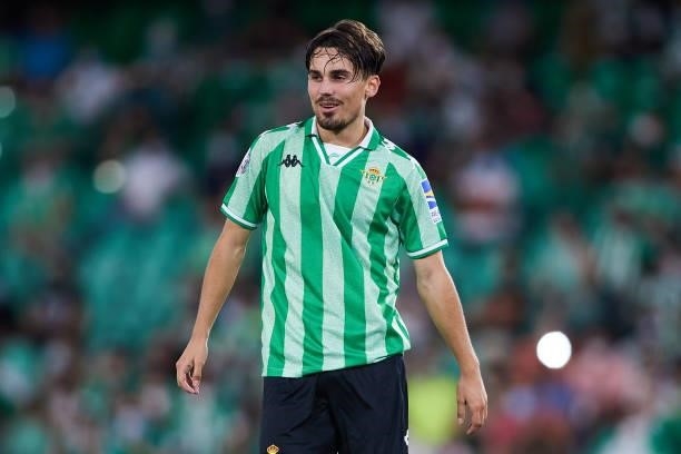 Rodri Sanchez of Real Betis looks on during a friendly match between Real Betis and AS Roma at Estadio Benito Villamarin on August 07, 2021 in...
