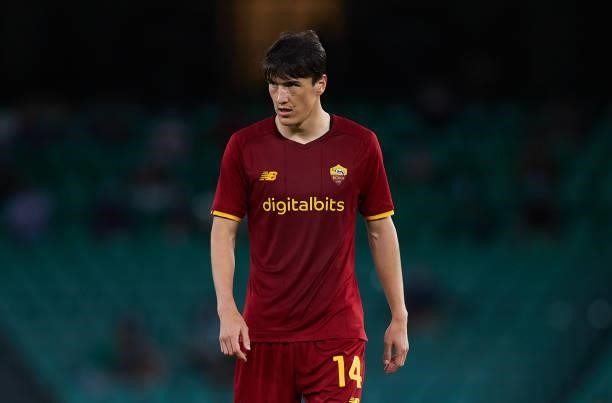 Eldor Shomurodov of AS Roma looks on during a friendly match between Real Betis and AS Roma at Estadio Benito Villamarin on August 07, 2021 in...