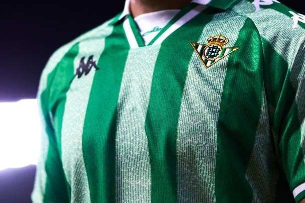 Detail of Real Betis t-shirt during a friendly match between Real Betis and AS Roma at Estadio Benito Villamarin on August 07, 2021 in Seville, Spain.