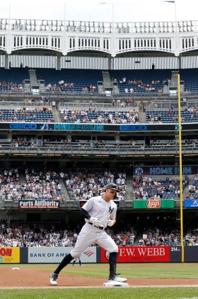 Aaron Judge of the New York Yankees runs the bases after his first inning home run against the Seattle Mariners at Yankee Stadium on August 07, 2021...