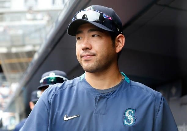 Yusei Kikuchi of the Seattle Mariners looks on before a game against the New York Yankees at Yankee Stadium on August 07, 2021 in New York City. The...