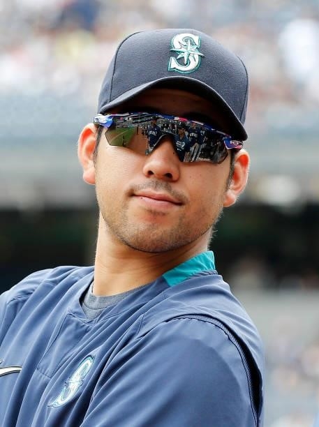 Yusei Kikuchi of the Seattle Mariners looks on before a game against the New York Yankees at Yankee Stadium on August 07, 2021 in New York City. The...