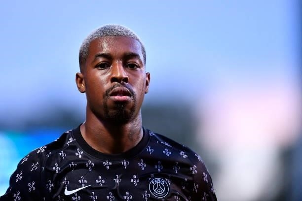 Presnel Kimpembe of Paris Saint-Germain looks during warmup before the Ligue 1 football match between Troyes and Paris at Stade de l'Aube on August...