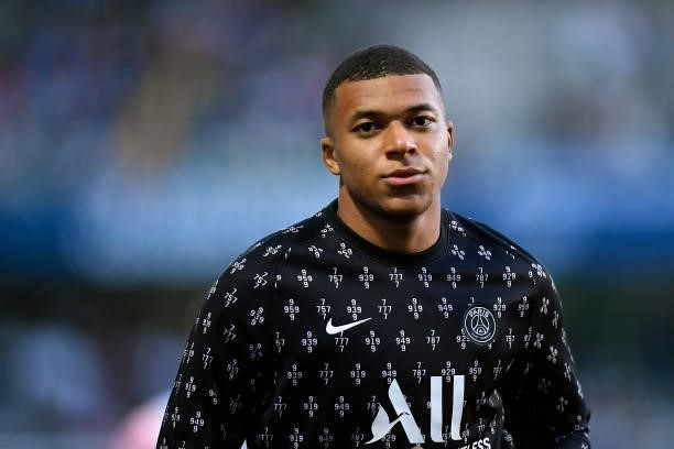 Kylian Mbappe of Paris Saint-Germain looks during warmup before the Ligue 1 football match between Troyes and Paris at Stade de l'Aube on August 07,...