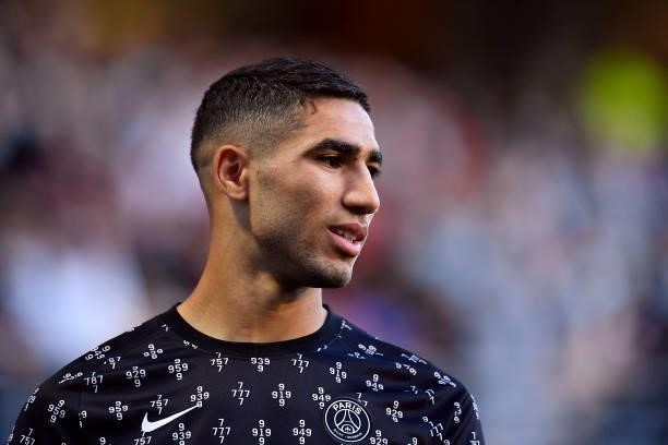 Achraf Hakimi of Paris Saint-Germain looks during warmup before the Ligue 1 football match between Troyes and Paris at Stade de l'Aube on August 07,...
