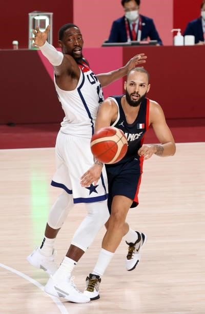 Evan Fournier of France, Bam Adebayo of USA during the Men's Basketball Gold Medal Final between United States and France on day fifteen of the Tokyo...