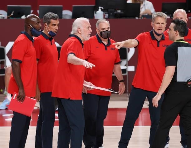 Coach of Team USA Gregg Popovich with his assistant-coaches Lloyd Pierce, Jay Wright, Steve Kerr during the Men's Basketball Gold Medal Final between...