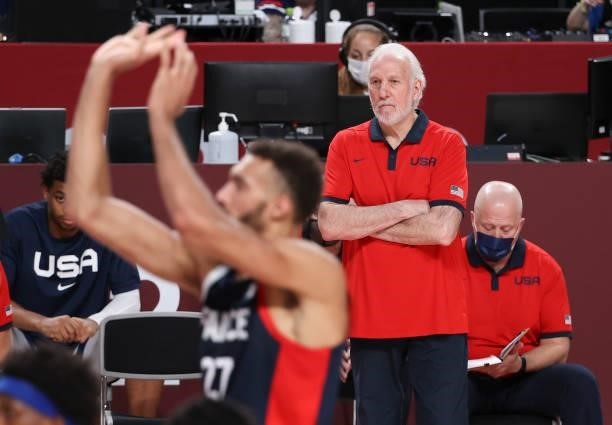 Coach of Team USA Gregg Popovich watching Rudy Gobert of France on free throws during the Men's Basketball Gold Medal Final between United States and...