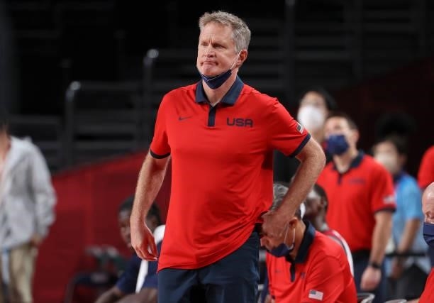 Assistant-coach of Team USA Steve Kerr during the Men's Basketball Gold Medal Final between United States and France on day fifteen of the Tokyo 2020...
