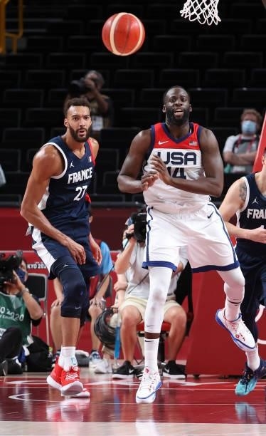 Rudy Gobert of France, Draymond Green of USA during the Men's Basketball Gold Medal Final between United States and France on day fifteen of the...