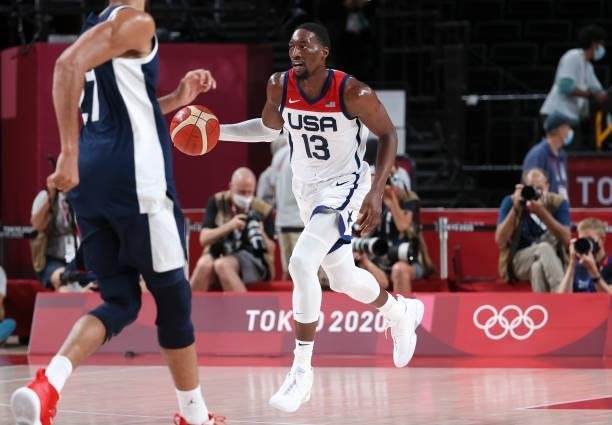 Bam Adebayo of USA during the Men's Basketball Gold Medal Final between United States and France on day fifteen of the Tokyo 2020 Olympic Games at...