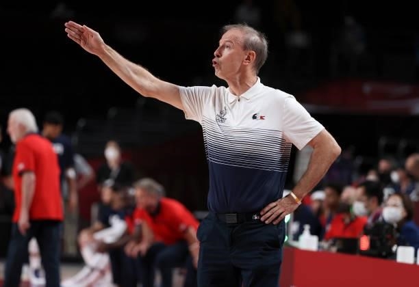 Coach of France Vincent Collet during the Men's Basketball Gold Medal Final between United States and France on day fifteen of the Tokyo 2020 Olympic...