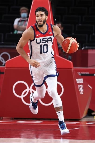 Jayson Tatum of USA during the Men's Basketball Gold Medal Final between United States and France on day fifteen of the Tokyo 2020 Olympic Games at...