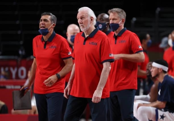 Coach of Team USA Gregg Popovich between assistant-coaches Jay Wright and Steve Kerr during the Men's Basketball Gold Medal Final between United...