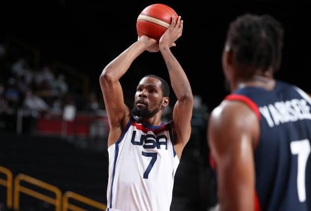 Kevin Durant of USA during the Men's Basketball Gold Medal Final between United States and France on day fifteen of the Tokyo 2020 Olympic Games at...