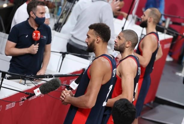 Rudy Gobert, Nicolas Batum, Evan Fournier of France answer to the media following the Men's Basketball Gold Medal Final between United States and...